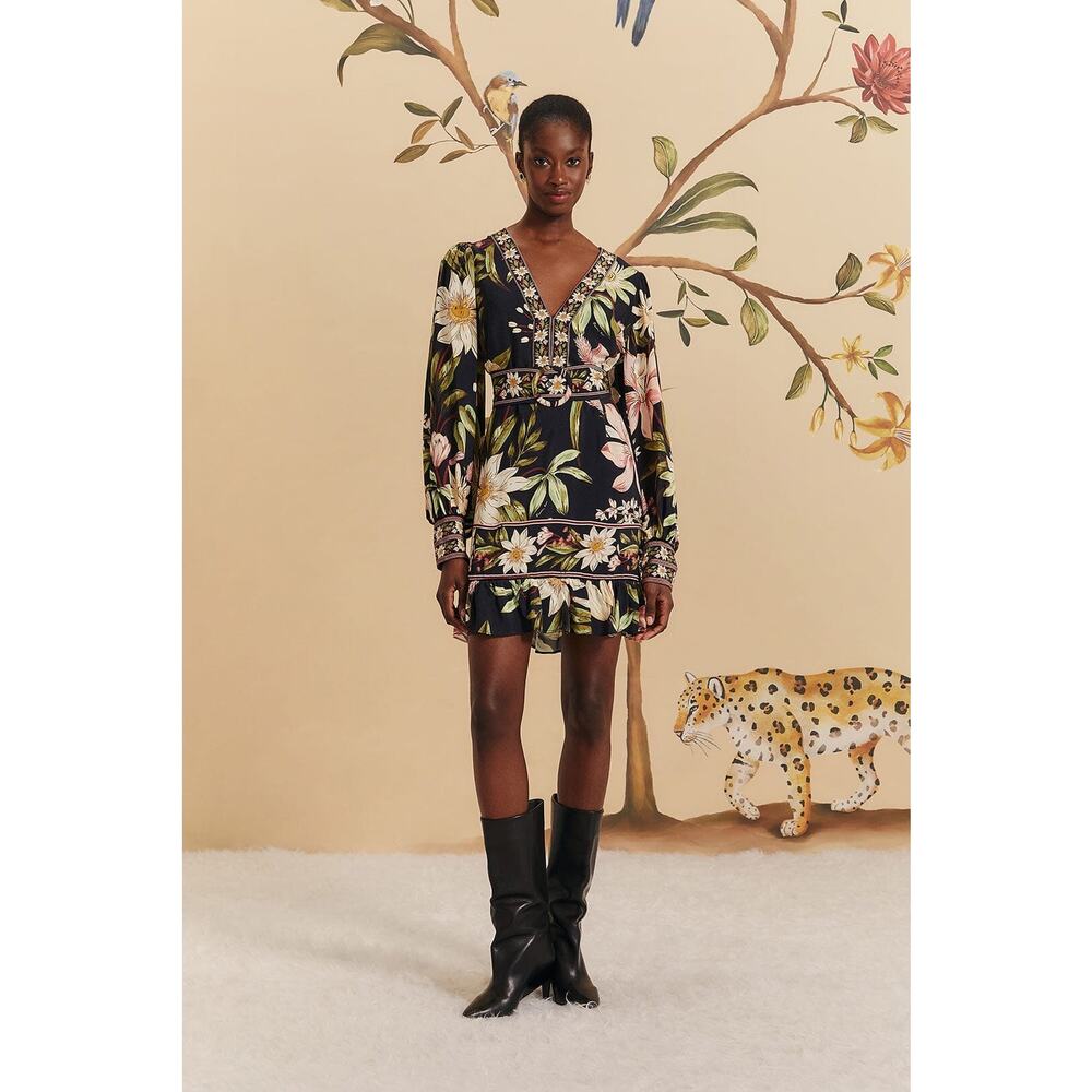Farm Rio Black Surreal Flowers Long Sleeve Mini Dress